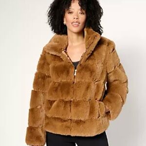 Dennis Basso Tan zip front faux fur jacket